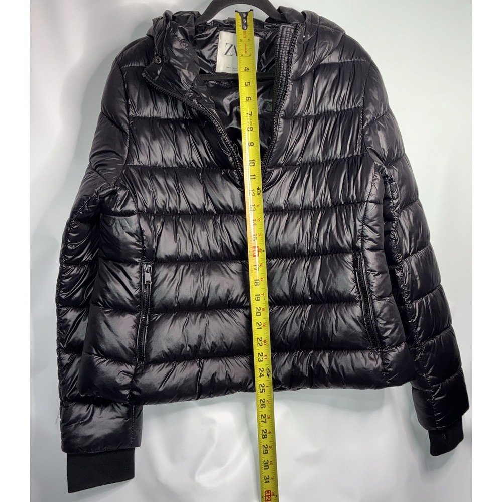 Zara Jacket Shiny Puffer Quilted Women's XL Hooded Snap Buttons Full Zip Pockets - Picture 5 of 7